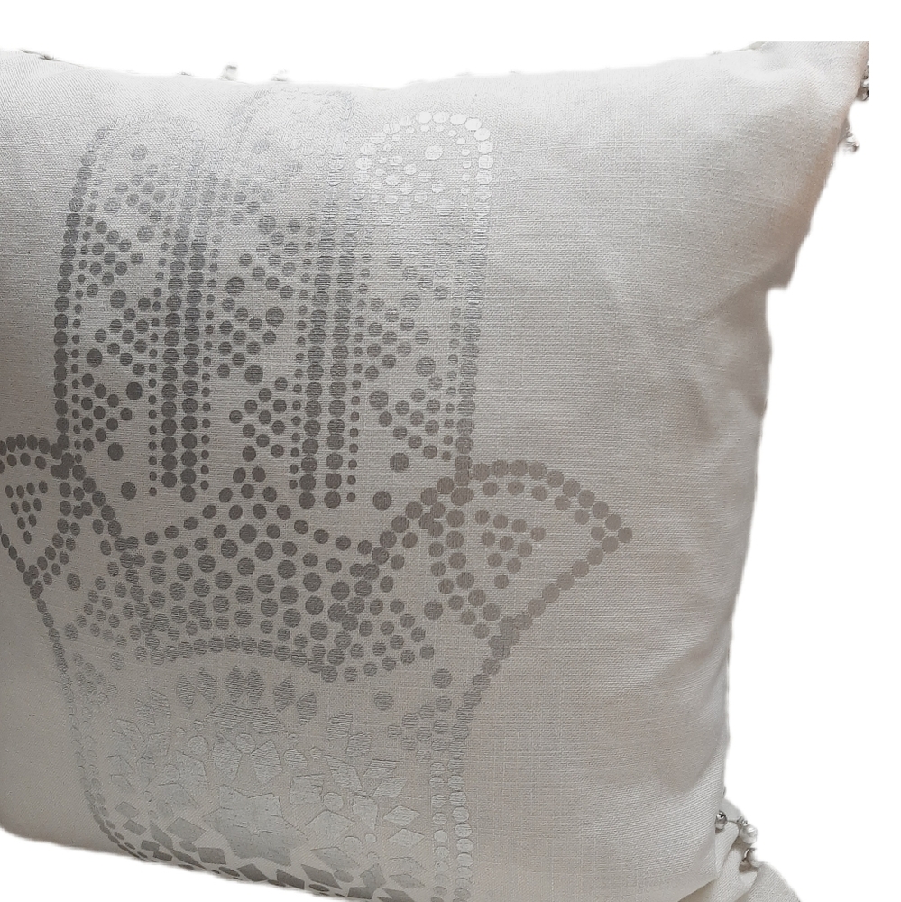 🍒 Metallic Hamsa Hand Decorative Toss Cushion + Feather Insert White & Silver
